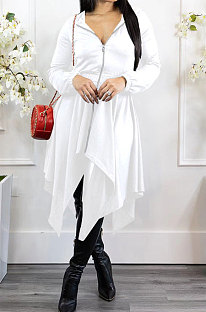 White Women's Pure Color V Collar Long Sleeve Zipper Irregular Mid Waist Midi Dress AMW8360-2