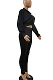 Black Women's Pure Color Zipper Ruffle Casual Pants Sets JR3584-1