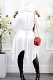 Red Women's Pure Color V Collar Long Sleeve Zipper Irregular Mid Waist Midi Dress AMW8360-1