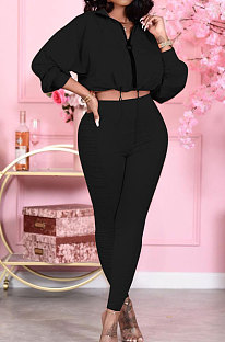 Black Women's Pure Color Zipper Ruffle Casual Pants Sets JR3584-1
