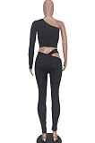 Black Women's Fashion Off Shoulder Sexy Crop Pure Color Pants Sets ED8546-3