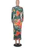 Green Euramerican Printing Zipper Variety Style Long Sleeve Bodycon Long Dress WMZ2687-4