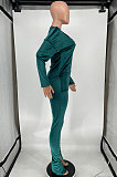 Green Women Korea Velvet Pure Color Long Sleeve Split Pants Sets AMW8358-1