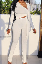 White Wholesale Women's Long Sleeve Irregularity Darwstring Tops Trousers Plain Suit XUY9119-2