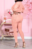 Light Pink Women's Pure Color Zipper Ruffle Casual Pants Sets JR3584-3