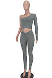 Gray Women's Fashion Off Shoulder Sexy Crop Pure Color Pants Sets ED8546-2