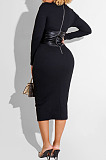 White Fashion New Pu Leather Spliced Long Sleeve Collect Waist  Bodycon Dress WY6860-3
