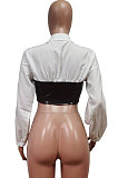 Black Fashion Pu Leather Spliced Zipper Collect Waist Tops WY6865-2