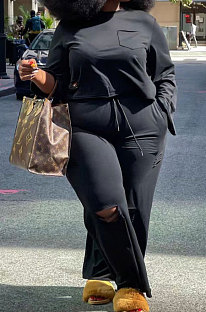 Black Simple Fat Women's Long Sleeve Round Neck Tops Hole Wide Leg Pants Plain Suit WA77303-3