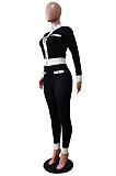 Black Women's Ribber Round Neck Front Button Tops Skinny Pants Fashion Suit WY6863-1