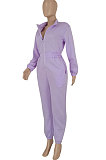 Purple Trendy Velvet Solid Color Zipper Collect Waist Casual Jumpsuits FFE193 -1