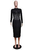 Black Fashion New Pu Leather Spliced Long Sleeve Collect Waist  Bodycon Dress WY6860-2