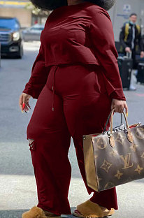 Wine Red Simple Fat Women's Long Sleeve Round Neck Tops Hole Wide Leg Pants Plain Suit WA77303-1