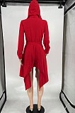 Red Women's Pure Color V Collar Long Sleeve Zipper Irregular Mid Waist Midi Dress AMW8360-1