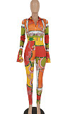 Orange Women's Trendy Sexy Positioning Printing Horn Sleeve Turn-Down Collar Bodycon Jumpsuits FFE195 -1