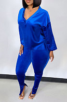 Blue Women Korea Velvet Pure Color Long Sleeve Split Pants Sets AMW8358-3
