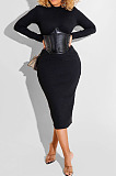 Brown Fashion New Pu Leather Spliced Long Sleeve Collect Waist  Bodycon Dress WY6860-1