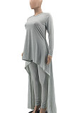 Gray Wome's Solid Color Casual Irregular Bodycon Pants Sets JR3662-3