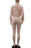 Gray Women's Pure Color Zipper Ruffle Casual Pants Sets JR3584-2