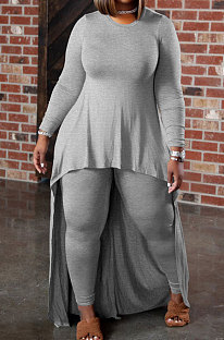 Gray Wome's Solid Color Casual Irregular Bodycon Plus Pants Sets JR3664-3