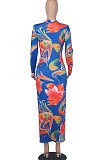 Blue Euramerican Printing Zipper Variety Style Long Sleeve Bodycon Long Dress WMZ2687-2