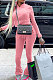 Pink Women's Solid Color Zipper Stand Collar Ruffle Pants Sets AMW8359-2