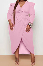 Pink Sexy Pure Color Long Sleeve V Neck Slit Fat Women's Dress WA77297-5
