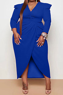 Blue Sexy Pure Color Long Sleeve V Neck Slit Fat Women's Dress WA77297-2