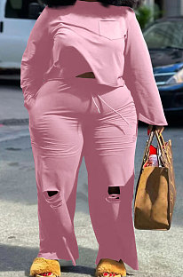 Pink Simple Fat Women's Long Sleeve Round Neck Tops Hole Wide Leg Pants Plain Suit WA77303-4