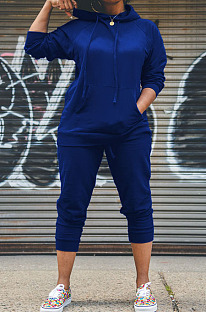 Blue Simple Preppy Long Sleeve Hoodie Trousers Plain Suit WY6864-2