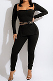 Cream Fashion Ribber New Long Sleeve Square Neck Split  Tops Bodycon Pants Plain Suit ZS0433-4