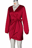 Black Night Club Long Sleeve V Neck Collect Waist Plain Dress ZS0429-3