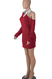 Red Autumn Trendy Oblique Shoulder Turn-Down Collar Long Sleeve Sexy Hip Mini Dress FMM2099-1