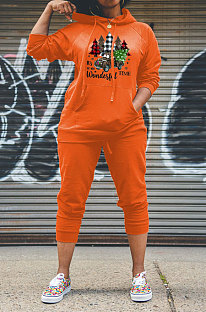 Orange Wholesale Chrisrmas Printed Long Sleeve Hoodie Trousers Casual Suit WY68642-2