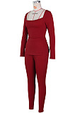 Camel Fashion Ribber New Long Sleeve Square Neck Split  Tops Bodycon Pants Plain Suit ZS0433-7