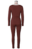 Yellow Fashion Ribber New Long Sleeve Square Neck Split  Tops Bodycon Pants Plain Suit ZS0433-1 