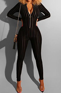 Black Euramerican Women's Sexy Both Sides Wear Zipper High Waist Velvet Bodycon Jumpsuits FMM1168-1