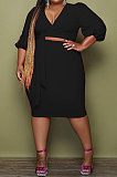 Black Euramerican Fat Women's Long Sleeve V Neck Bandage Tops Hip Skirts Plaid Suit YMM9092-2