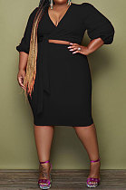 Black Euramerican Fat Women's Long Sleeve V Neck Bandage Tops Hip Skirts Plaid Suit YMM9092-2