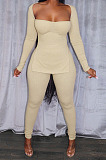 Black Fashion Ribber New Long Sleeve Square Neck Split  Tops Bodycon Pants Plain Suit ZS0433-2