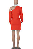 Wine Red Autumn Trendy Oblique Shoulder Turn-Down Collar Long Sleeve Sexy Hip Mini Dress FMM2099-2