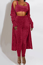 Red Euramerican Solid Color Tanks Long Coat Velvet Tight Pants Three Pieces MDF5274-1