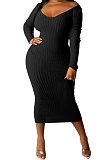 Gray Women's Sexy Deep V Collar Off Shoulder Cotton Ribber Casual Bodycon Midi Dress FMM2094-2