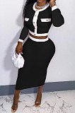 Black Luxe Elegant Long Sleeve Single-Breasted Tops Hip Skirts Fashion Suit YMM9091-2