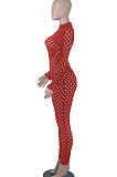 Red Eurameircan Sexy Long Sleeve Hollow Out High Waist Bodycon Jumpsuits FMM2053-3