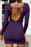 Black Round Collar Long Sleeve Irregular Solid Color Backless Tied Sexy Mini Dress FMM2103-2