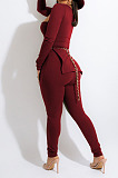 Red Fashion Ribber New Long Sleeve Square Neck Split  Tops Bodycon Pants Plain Suit ZS0433-6
