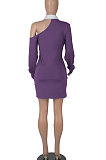 Purple Autumn Trendy Oblique Shoulder Turn-Down Collar Long Sleeve Sexy Hip Mini Dress FMM2099-3