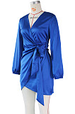 Blue Night Club Long Sleeve V Neck Collect Waist Plain Dress ZS0429-1
