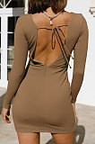 Khaki Round Collar Long Sleeve Irregular Solid Color Backless Tied Sexy Mini Dress FMM2103-4